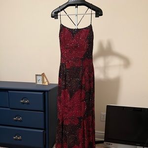 Cache Bugle Beaded, Red and Black, Spaghetti Strap Column Gown w/ Trumpet Flare